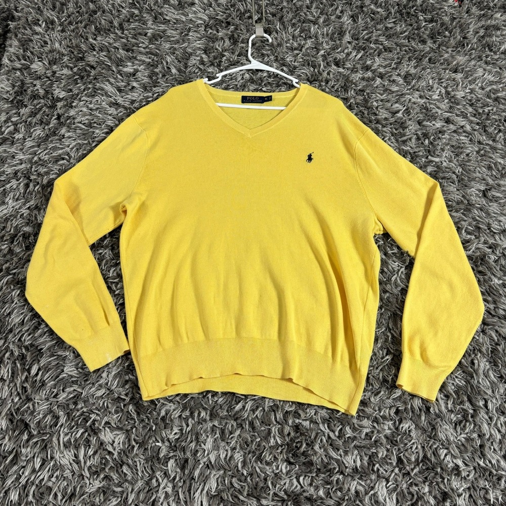 Polo Ralph Lauren Mens XL Yellow V-Neck Pima Cotton Knit Pony Logo Sweater